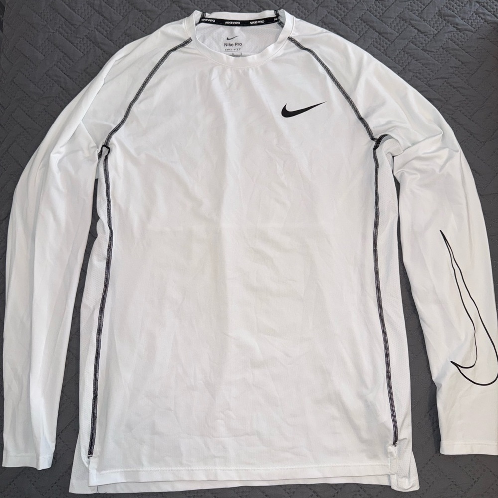 Men’s Nike Pro White Long Sleeve Top with Black Details